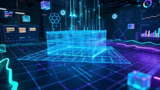 Medium shot of a digital virtual grid twin displaying predictive analytics and forecasting energy demand in a hightech simulation environment.