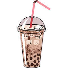 Hand drawn illustration of a chocolate bubble tea with straw and ice cubes in a clear plastic cup with lid against a white background