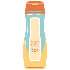 Hand Drawn Illustration Of A Yellow And Blue Sunscreen Bottle With Orange Cap And SPF 30 Label Isolated On White Background