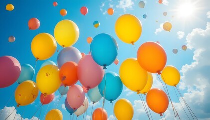 Vibrant Balloons Ascending: Colorful Celebration Against a Bright Blue Sky