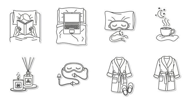 relaxing bedtime routine items woman reading in bed laptop candles sleep mask robe slippers illustrating self-care and wellness at home - Powered by Adobe