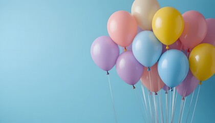 Pastel Balloons Floating Against Blue Backdrop: Celebration, Party, Joyful, Colorful.