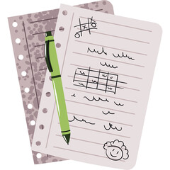 Hand Drawn Illustration Of Notes And A Pen With A Tic Tac Toe Game And A Smiley Face Doodle On White Background