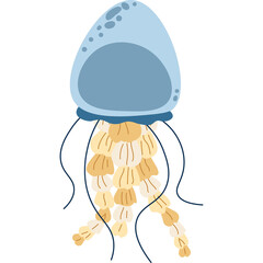 Hand Drawn Jellyfish With Tentacles In Light Blue And Tan Colors Floating In Water With Transparent Background