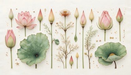 Elegant Botanical Composition: Lotus Flowers, Buds, and Leaves on Textured Background