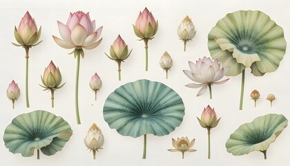 Botanical Study: Delicate Lotus Flowers and Leaves on White Background