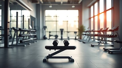 Fototapeta premium healthclub. Weight bench with dumbbells in a minimalist gym interior. event key visuals, club posters, designed for sports event promotions and stadium branding and fitness apps and gym onboarding.