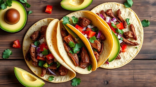 carnitas. Authentic Mexican tacos with fresh toppings, styled on a rustic wooden surface. menu design, packaging mockups, designed for culinary blogs and recipe cards for restaurants.