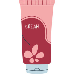 Hand Drawn Pink Cream Tube With Flower Petal Design And Light Blue Cap On Transparent Background