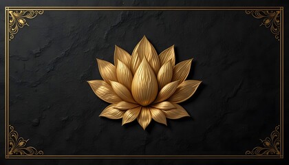 Golden Lotus Blossom on Textured Black Background with Ornate Gold Frame