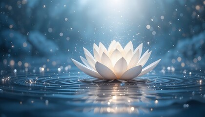 Serene Lotus Flower Floating on Water with Sparkling Bokeh, Tranquil Scene.