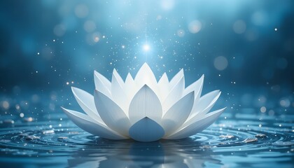 Serene White Lotus Blossom Floating on Water with Sparkling Light