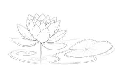 Elegant Water Lily Outline: Serene Aquatic Bloom with Lily Pads in Pond