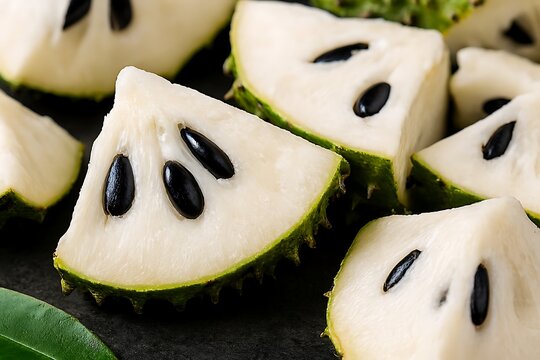 Fresh soursop fruit slices with black seeds close up.