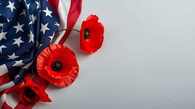 American flag and vibrant red poppy flowers on a clean white background, symbolizing remembrance.