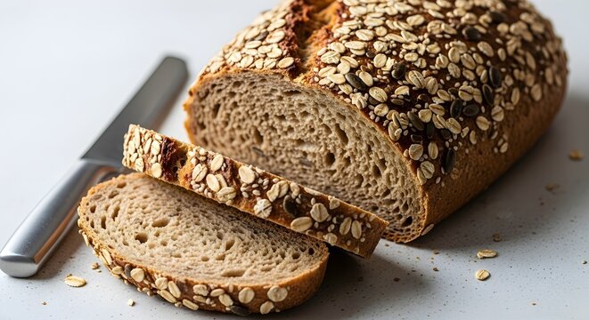 Whole grain bread with oats and seeds, sliced with a knife on a table
