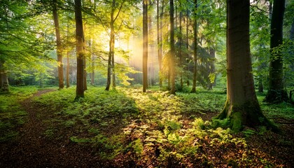 Naklejka premium Summer Evening In A European Forest With Light Filtering Through The Leaves