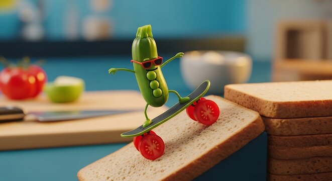 Animated pea character skateboarding on a bread ramp, featuring tomatoes as wheels, in a kitchen setting.