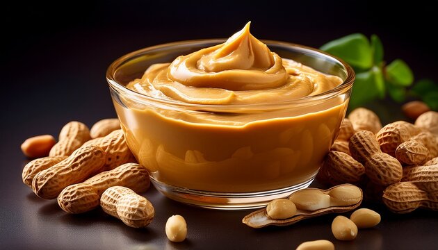 A Glass Bowl Filled With Creamy Peanut Butter Accompanied By Fresh Peanuts On The Side