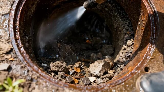 Closeup medium shot of a clogged system being cleared by hydrojetting showing powerful water jets removing debris and buildup from underground pipes.