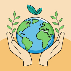 Hands holding planet earth with sprouting leaves silhouette isolated on white background