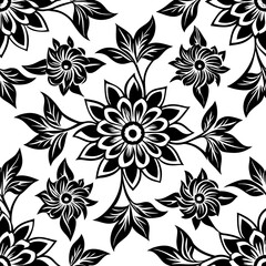 Intricate black floral pattern with leaves isolated on white background silhouette