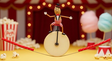 A whimsical peanut character balances on a wheel, performing a circus act with props.