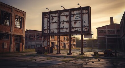 Abandoned industrial area featuring a weathered billboard surrounded by dilapidated buildings, evoking a sense of decay and urban exploration at sunset