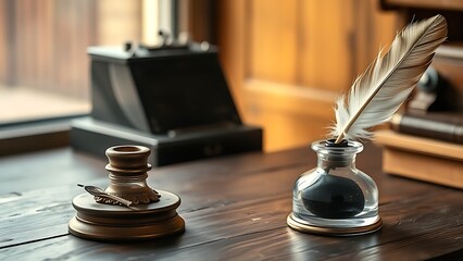 inkwell. A vintage desk featuring a feather quill and inkwell, illuminated by warm side lighting. real-estate listings.