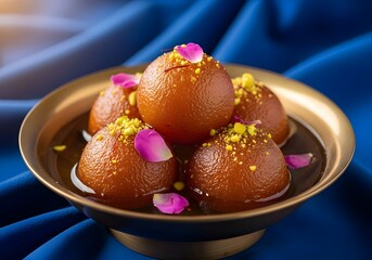 Golden Gulab Jamun Elegance – Indian Dessert in Luxurious Setting