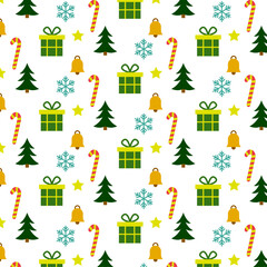 Christmas Seamless Pattern, Gifts, Trees, Snowflakes, and Candy Canes Flat Vector