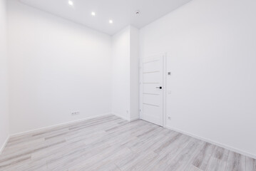 Empty white walls room corner and LED Light. Interior with empty room with white walls and wooden floor