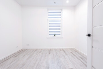 Empty white walls room corner and LED Light. Interior with empty room with white walls and wooden floor.