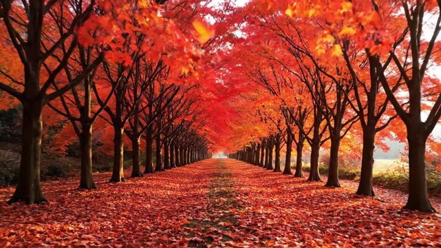 A 4K video symmetrical perspective shot looking down a long, tranquil avenue lined with perfectly aligned rows of mature red maple trees at the peak of autumn.