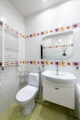 Bright Elegant Modern Luxury Home Bathroom Interior Design With White Sink. Mirror and Faucet.