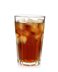 Tasty coffee with ice cubes in glass isolated on white