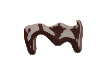 Flow of tasty melted chocolate isolated on white, top view