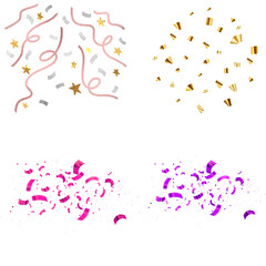 Set of colorful confetti and streamers falling on transparent background for party celebrations