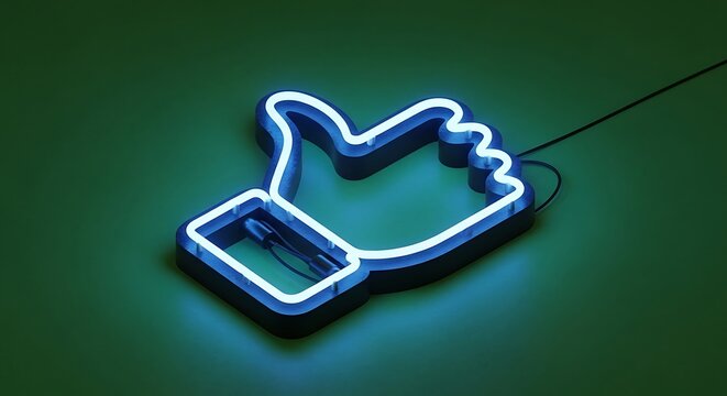 Illuminated blue neon thumbs-up sign against a dark green background, glowing brightly.