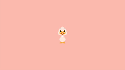 A cartoon duckling stands in the center of a soft pink background. Round, white body.