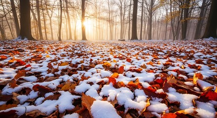 Autumn forest floor covered in snow with sunlight peeking through trees