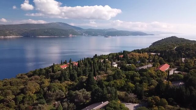 Drone overflying the Prevlaka peninsula, Croatia with view of Montenegro
