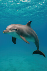 Fototapeta premium Underwater bottlenose dolphin swimming in clear turquoise ocean with sunlight rays and sandy seabed marine wildlife scene for ocean conservation snorkeling travel and aquatic biology 