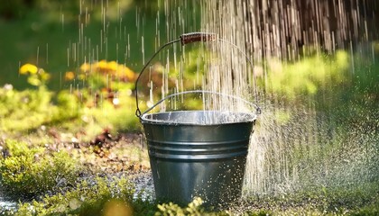 pail collecting the rain water outdoor for daily use