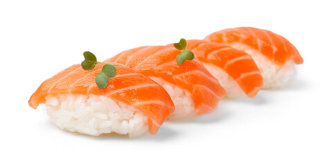 Delicious nigiri sushi with salmon and microgreens isolated on white