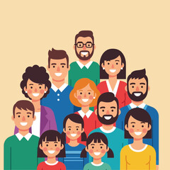 Vector SVG Illustration of Diverse Happy Family in Flat Design Style with Bright Colors for Web and Digital Media
