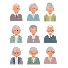 Vector SVG Illustration of Senior People Characters in Flat Modern Style with Diverse Hairstyles and Clothing for Web and Business Use