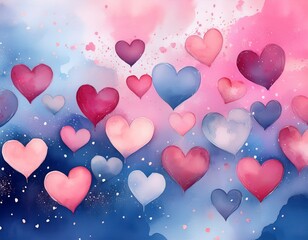 watercolor hearts float on pink and blue background with white specks