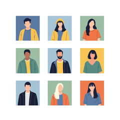 Modern Vector SVG Illustration of Nine Diverse Portraits in Flat Design Style with Bright Color Palette for Digital Media
