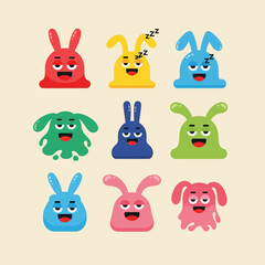 Vector Cute Cartoon Bunny SVG Illustration Set with Sleepy and Happy Expressions in Minimalist Flat Style